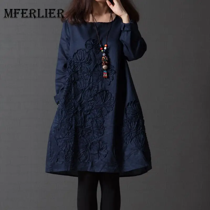 

Mferlier Mori Girl Autumn Artsy Embroidery Dress O Neck Long Sleeve Loose Blue Light Blue Wine Red Casual Winter Dress