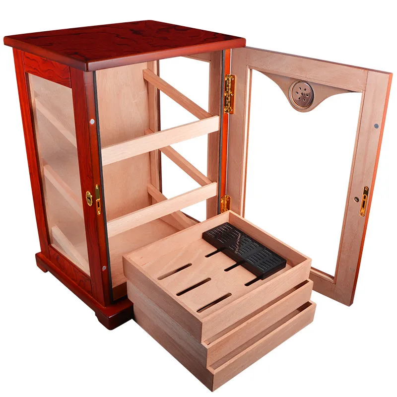 Promotion Price! COHIBA High Glossy Cedar Wood Cigar Cabinet Humidor Storage Box W/ 3 Drawers Hygrometer Humidifier