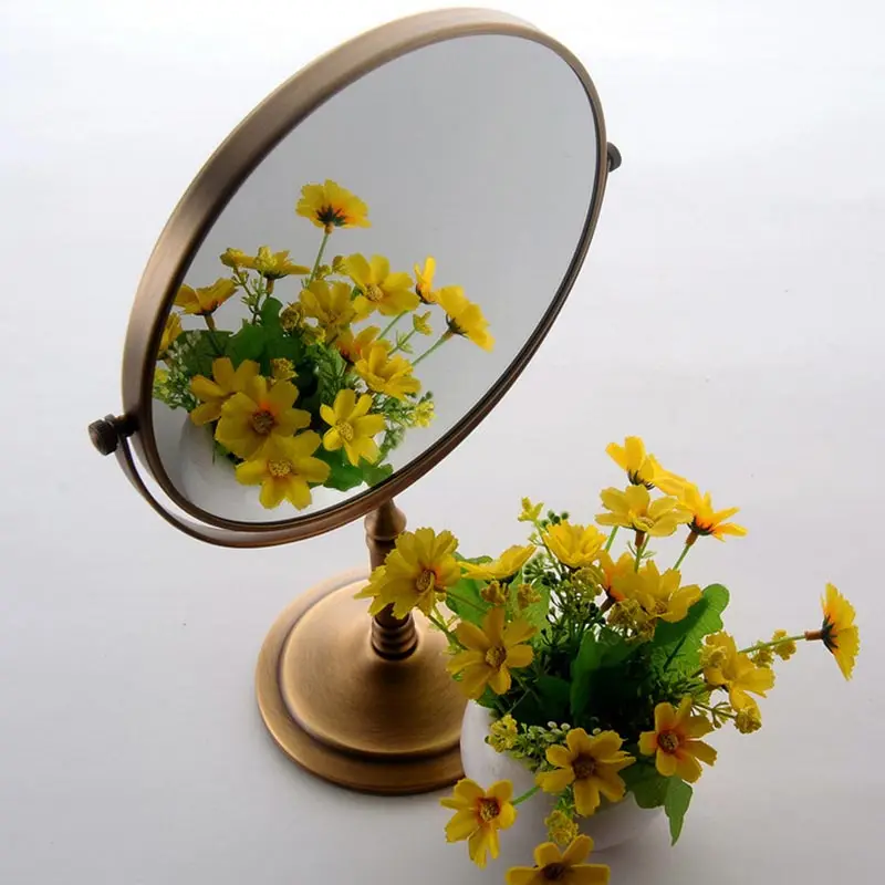 SRJ Portable Women Makeup Mirror Gold Silver Copper Vintage Floral Oval Round Handhold 2-Face Mirror Makeup Beauty Tools