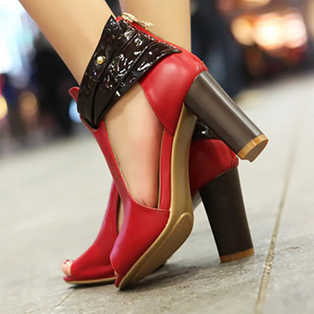 

Womens Fish Mouth High Heel Zipper Sandals Leather Zip Peep Toe Fashion Short Boots Single Shoes