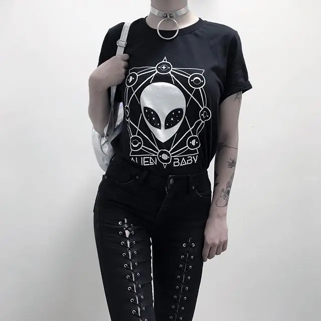 Модная футболка унисекс с изображением пришельца, малыша, женщины, готика, вампира, гранж, искусство, хлопок, инопланетянин, эстетическое колдовство, футболка, топ