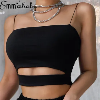 

2020 Sexy Women Solid Strappy Tanks Vest Crop Top Summer Sleeveless Slash Neck Tanks Beach Women Sports Hollow OutTank Tops