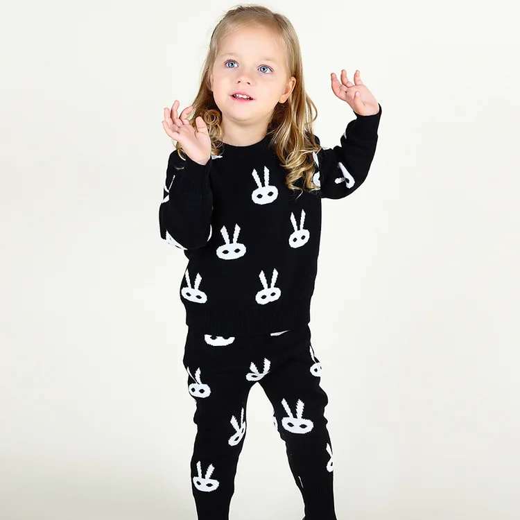 

2018 autumn winter rabbit Knitting wool long sleeved round neck pullover elastic haroun pants sets children's clothing girl boy