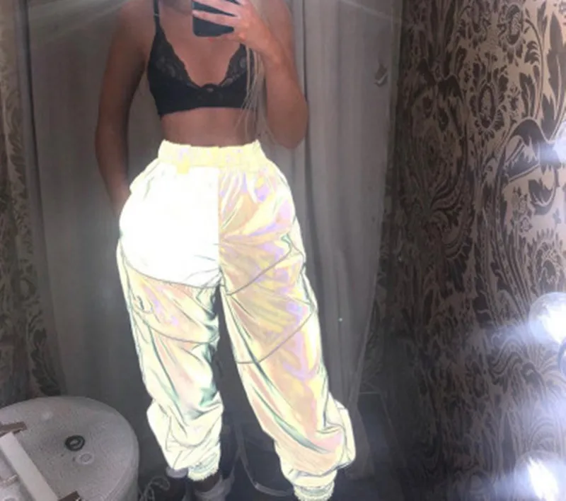 

Gray Reflective Hippie Pants Spring Autumn High Waist Pants Women 2019 Side Striped Patchwork Streetwear Trousers