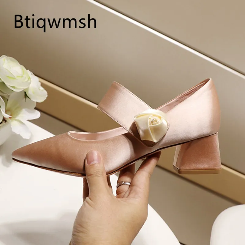 

2019 Rose Luxury Satin Pumps Women Pointed Toe Flower Button High Heel Shoes Woman Fashion Wedding Shoes