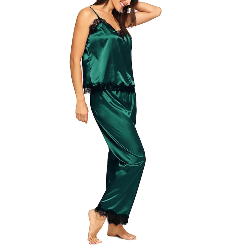 Атласная пижама для женщин кружевной топ с длинными штанами зимняя пижама шелковая пижама удобная домашняя одежда