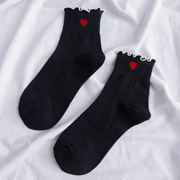 Корейские милые хлопковые женские носки с кружевными оборками милые носки принцессы с оборками, высокое качество, однотонные носки для девочек, 1 пара - Цвет: black heart