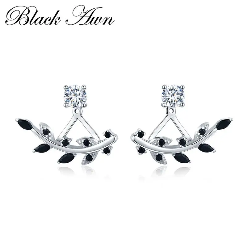 

100% Genuine 925 Sterling Silver Jewelry Black Spinel Stone Trendy Engagement Stud Earrings for Women I003
