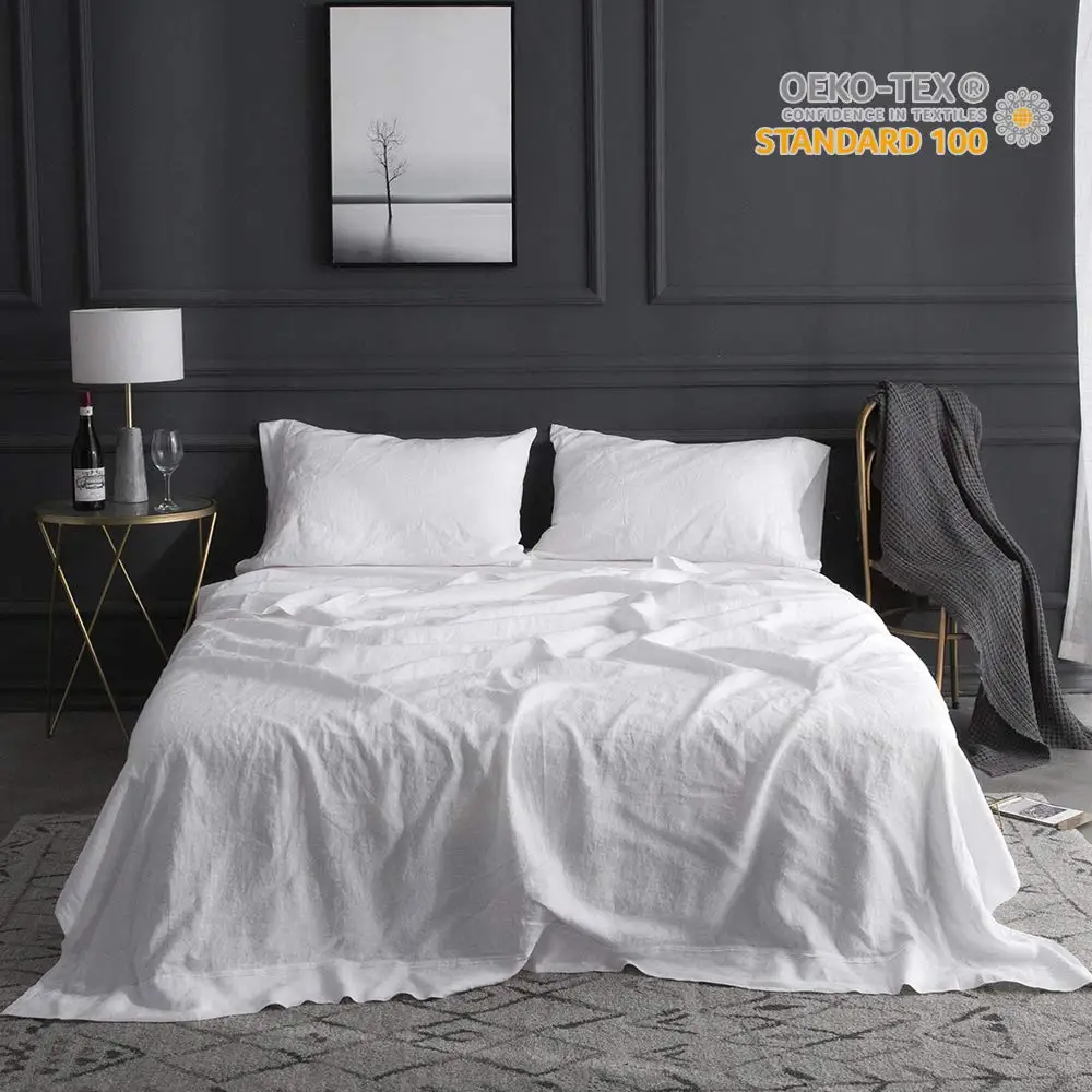 100% Pure Linen Sheet Set With Embroidery Soft White Gray 4pcs Include Flat Sheet Fitted Pillowcase