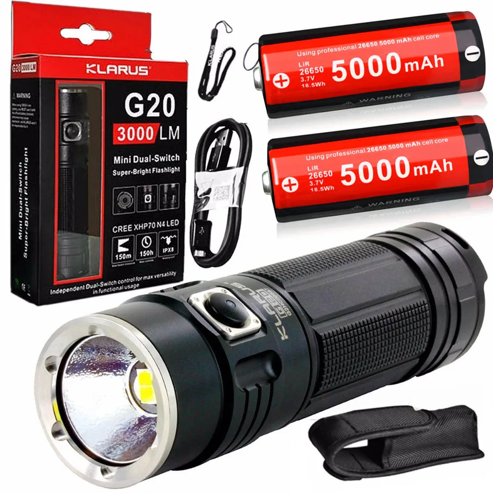 

KLARUS G20 Rechargeable Flashlight CREE XHP70 N4 LED 3000LM dual-switch outdoor torch waterproof + 2 x 26650 5000mAh battery