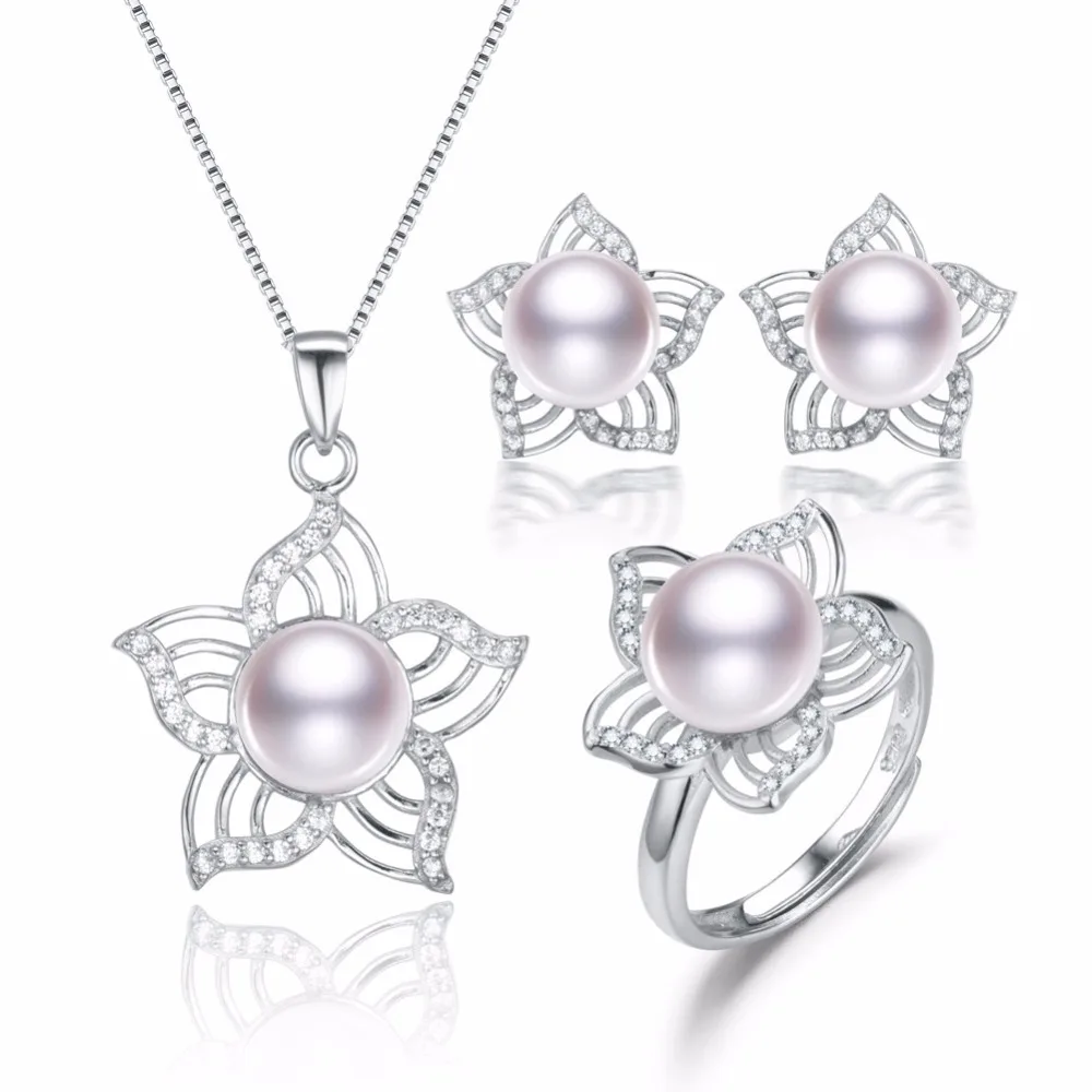 

SNH 9mm button Women Elegant Real Natural Freshwater Pearl Jewelry Sets AAA Shiny 925 Sterling Silver Party Jewelry