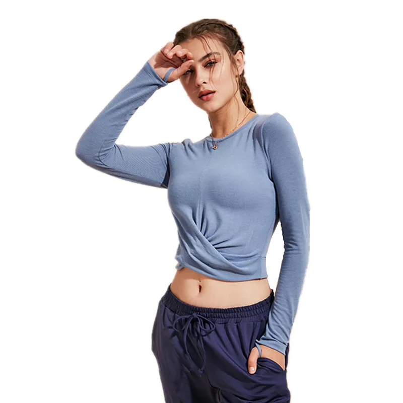 

Spring Autumn Yoga Shirt Sports Women Running Gym Clothes For Women Solid Long Sleeve Crop Tops Cross design Fitness t-shirt
