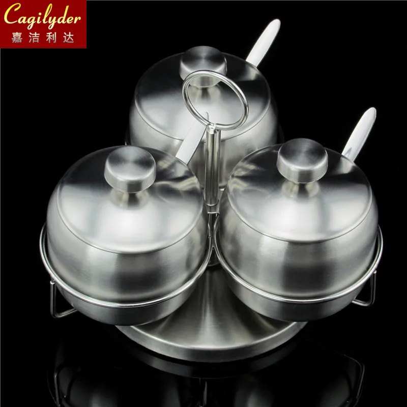 

stainless steel seasoning jar spice oil pot sugar box bottle with spoon lid rotation base durable kitchenware Christmas Gifts