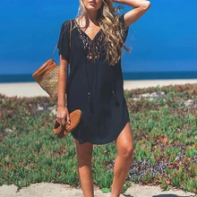 Katoen Strand Jurk Cover Up Sarong Swim Pak voor Vrouwen Pareos De Playa Mujer Beachwear Zwarte Bikini Cover-ups tunieken Zomer 2019(China)