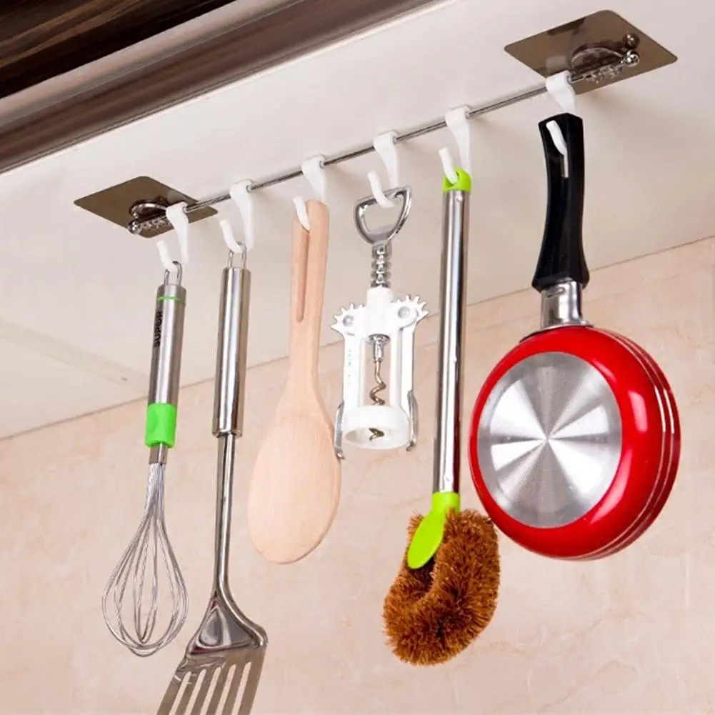 

Wall Mounted Kitchen Utensil Holder With 6 Hooks Cookware Dinnerware Storage Shelf Rack Home Shower Towel Organizer Home Hook