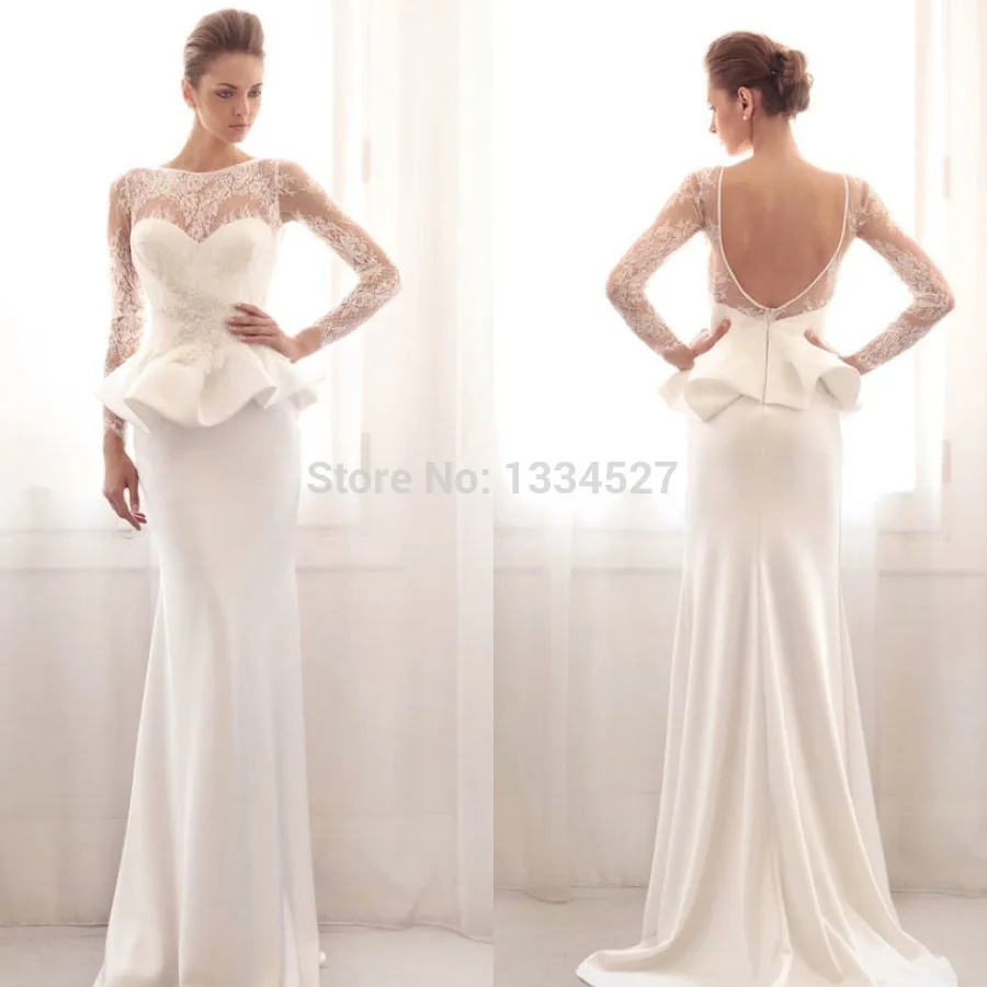New Peplum Wedding Dresses Long Sleeve Lace Floor Length Satin Sexy Backless Wedding