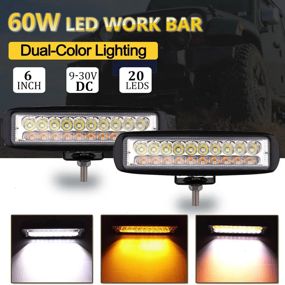 

6 Inch 20 Led Dual Color 60W Led Light Bar Driving Fog Spot Lights or Pickup Trucks ATV UTV SUV Boat
