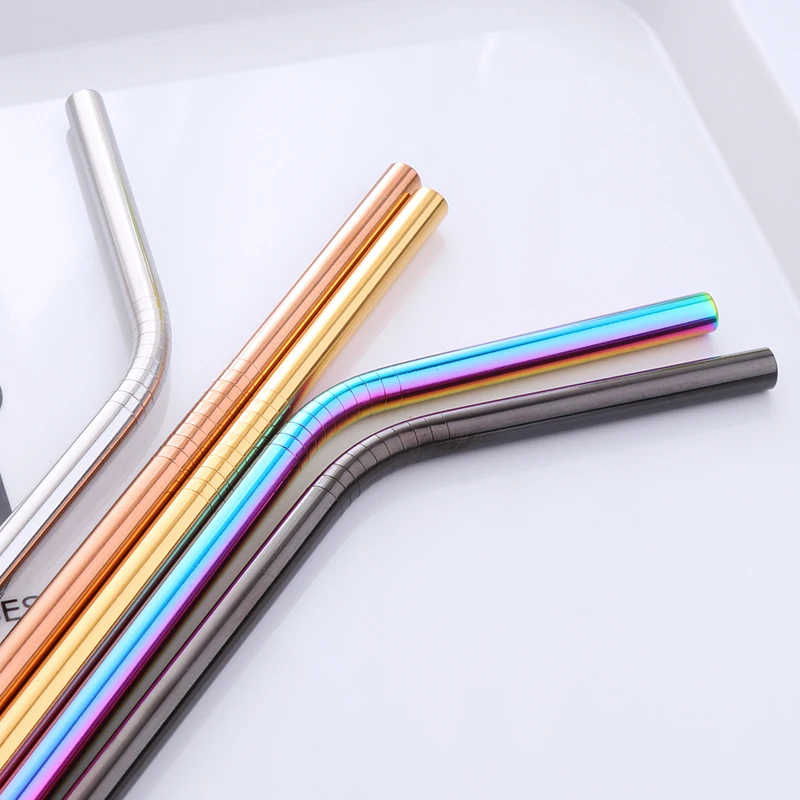 Colorful Stainless Steel Reusable Metal Drinking Straws drinking straws metal straw set For Kids Straight and Bent +1 Brush For Home Party Bar Accessories 2PCS