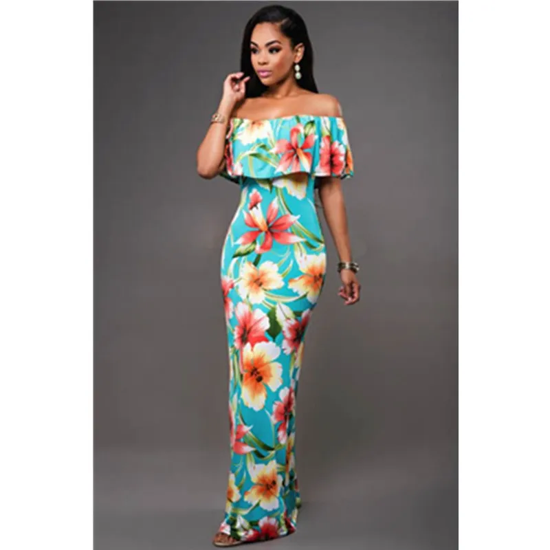 Off-the-shoulder Boho Flower Printed Dress Sexy Woman Fashion Long Casual Beachwear Party Dress L51306-1 (3)