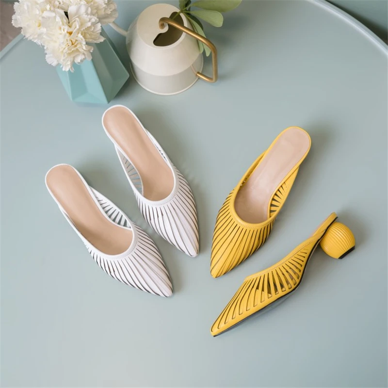 Ouqinvshen Hollow Cow Leather Women Shoes 2019 Plus Size Sexy Strange Style Yellow Women Mules Pointed Toe Women Summer Slippers Ouqinvshen Hollow Cow Leather Women Shoes 2019 Plus Size Sexy Strange Style Yellow Women Mules Pointed Toe Women Summer Slippers