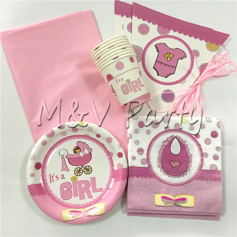 

43pcs/lot Pink Baby Girl Birthday Party Disposable Tableware set Paper Plates Cup set Baby Born Party Decoration Supplies
