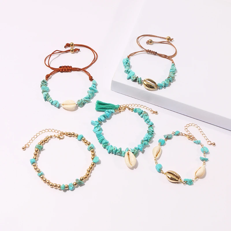 

KOMi 1/2/4/5pcs/set Colorful Handmade Beach Rainbow Shell Tassel Coral Turquoises Pearls Beaded Charm Anklets Bracelet C10515