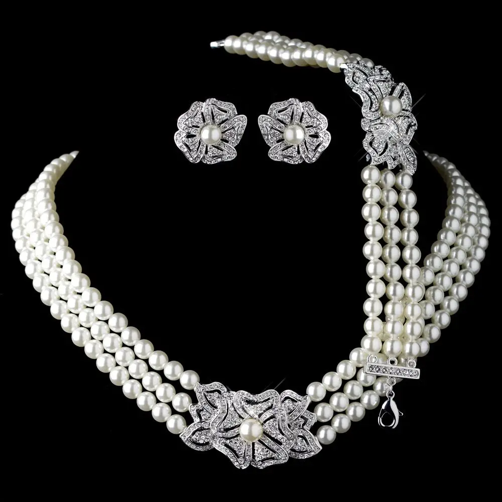 

Elegant Rhodium Silver Tone Ivory Pearl & Rhinestone Crystal Necklace Earrings with Bracelet Vintage Floral Wedding Jewelry Sets