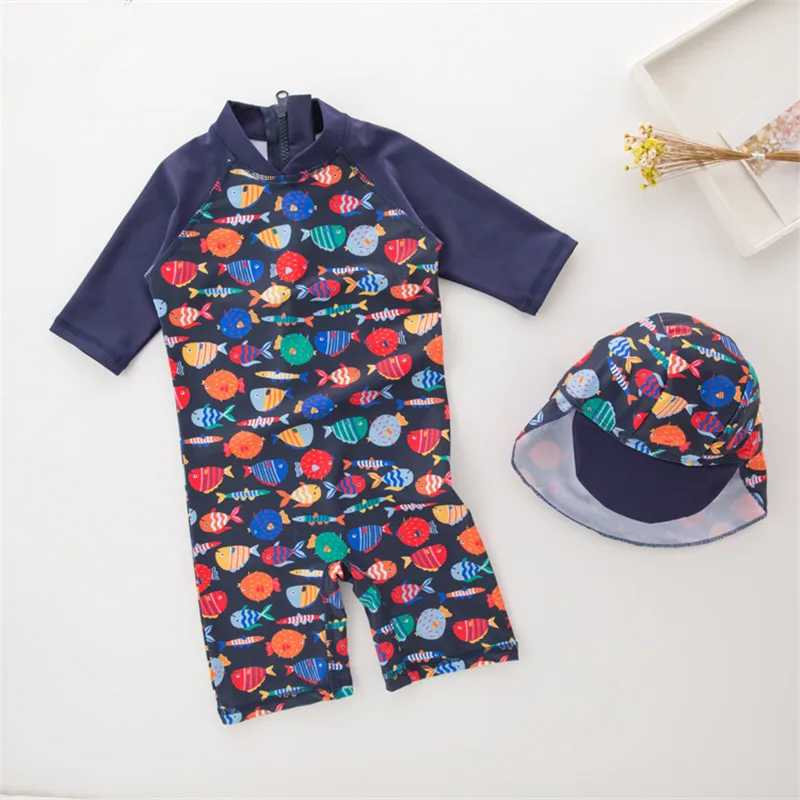 Summer Baby Boy Swimwear+Hat 2pcs Sets Fishes Fish Snimals Swimming