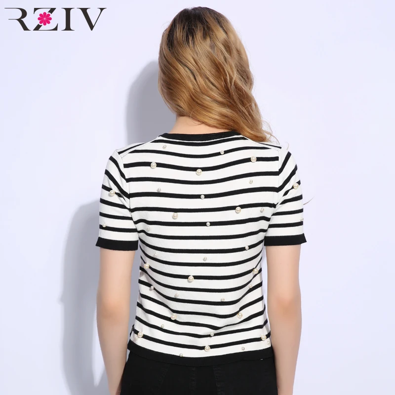 RZIV женская футболка украшенная бисером Повседневная полосатая трикотажная футболка