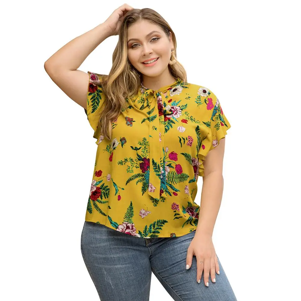 

WHZHM Plus Size 3XL 4XL Bow tshirt Women Short Flare Sleeve Flower Printed Orange Loose Bow Summer Floral Printed tshirt Femme