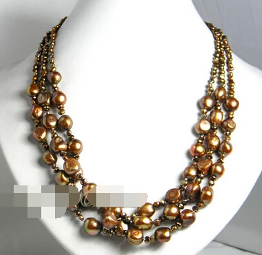 

ddh002768 3strands coffee baroque freshwater pearl faceted crystal necklace