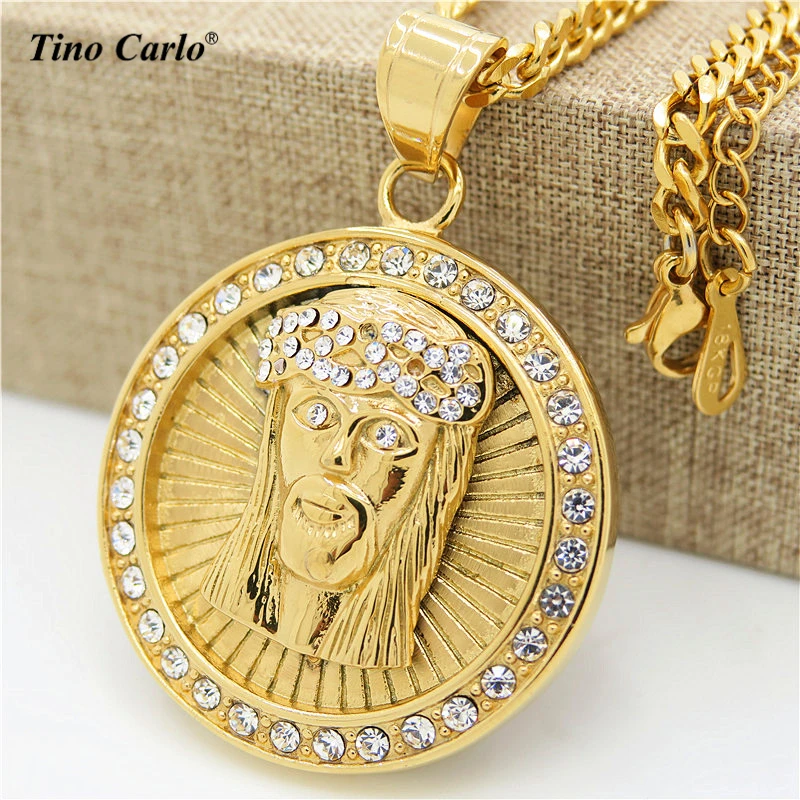 Tino Carlo New Mens Lab Rhinestone Gold Jesus Face Coin Medal Necklace Hip Hop Cuban Chain Medallion Man Statement Necklace
