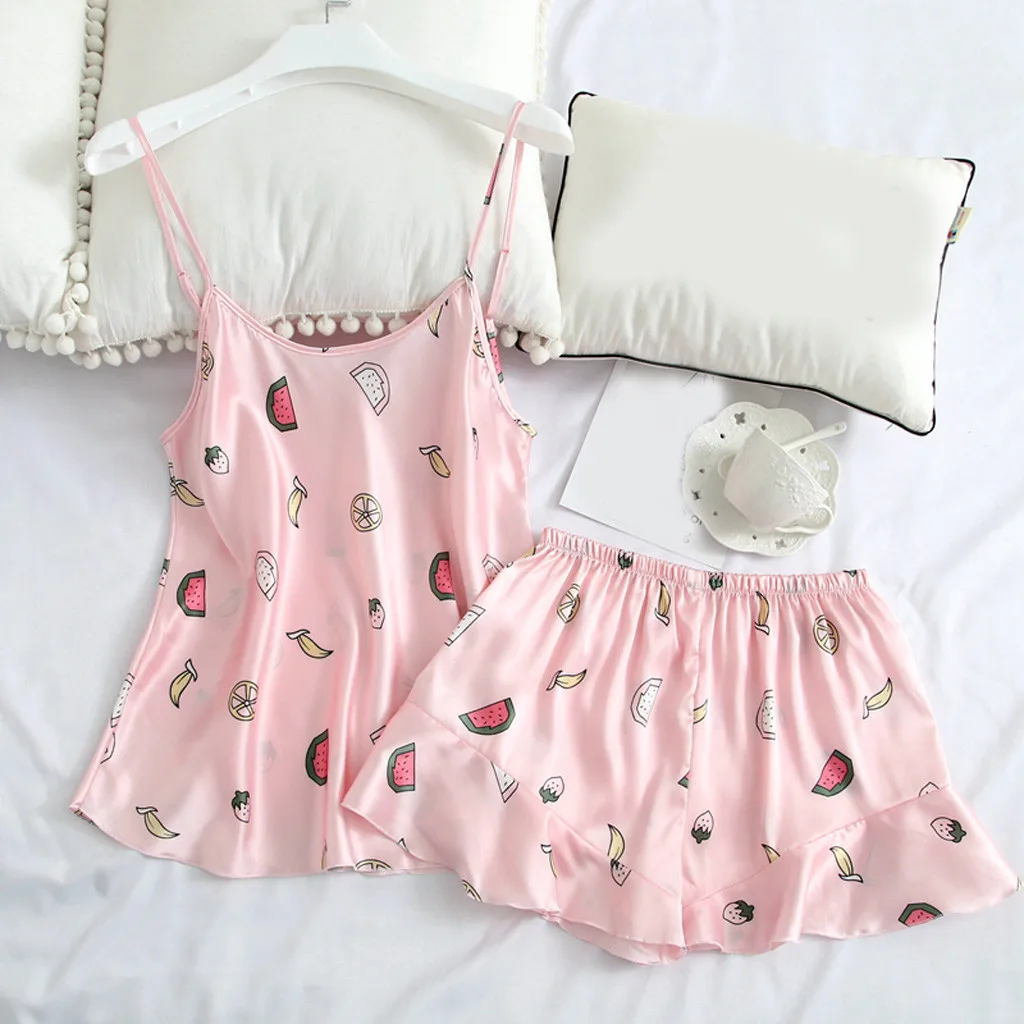 

Mulheres verгo Pijamas Ternos Shortless Sexy Estilingue Casa Sleepwear Confortбvel young Girl impressгo Pijamas de Manga Curta