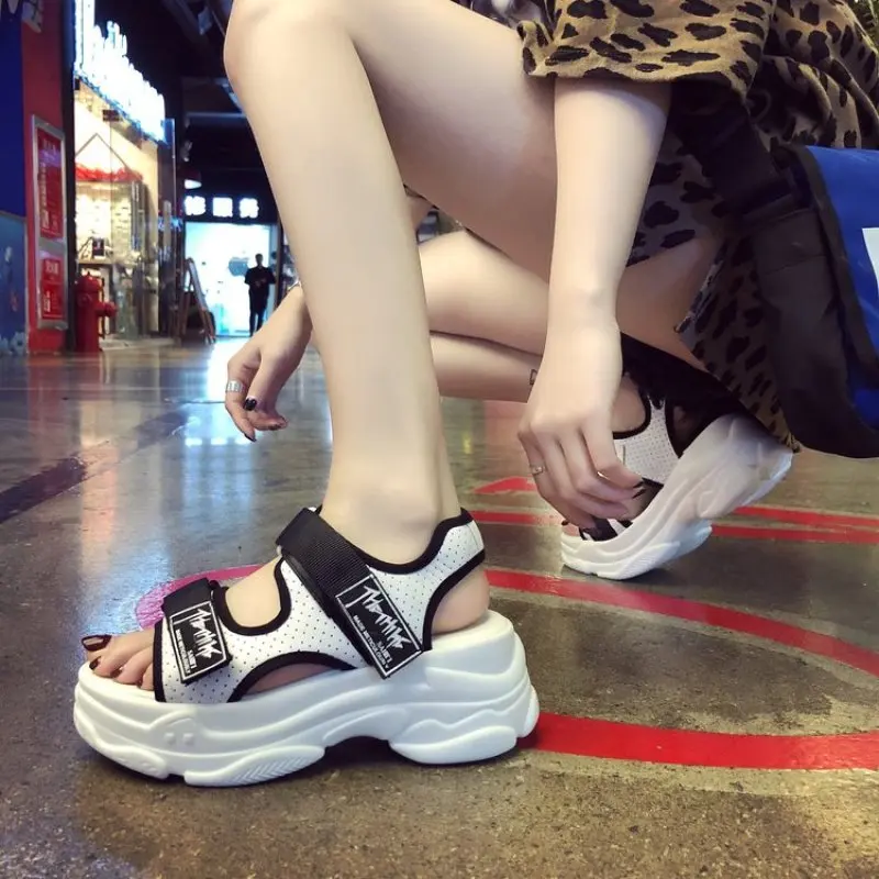 2019 Summer Platform Sandals Women 6cm Wedge High Heels Shoes Women Buckle Leather Canvas Summer Slippers Woman Chunky Sandal