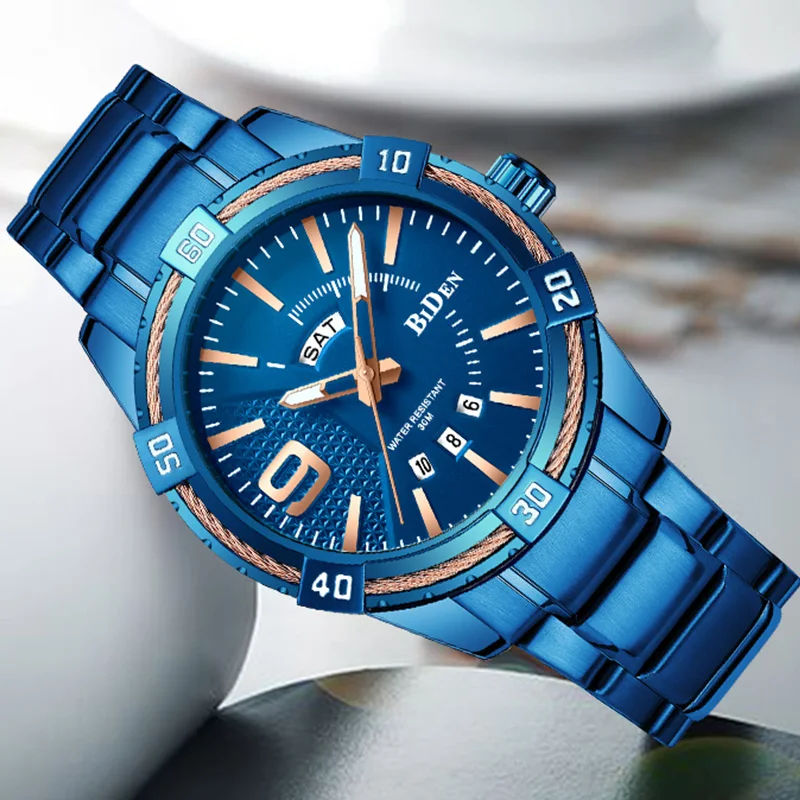 

2019 Luxury Brand Mens Sports Watch Blue Full Steel Fashion Quartz Watches Date Waterproof Military Clock Male relogio masculino