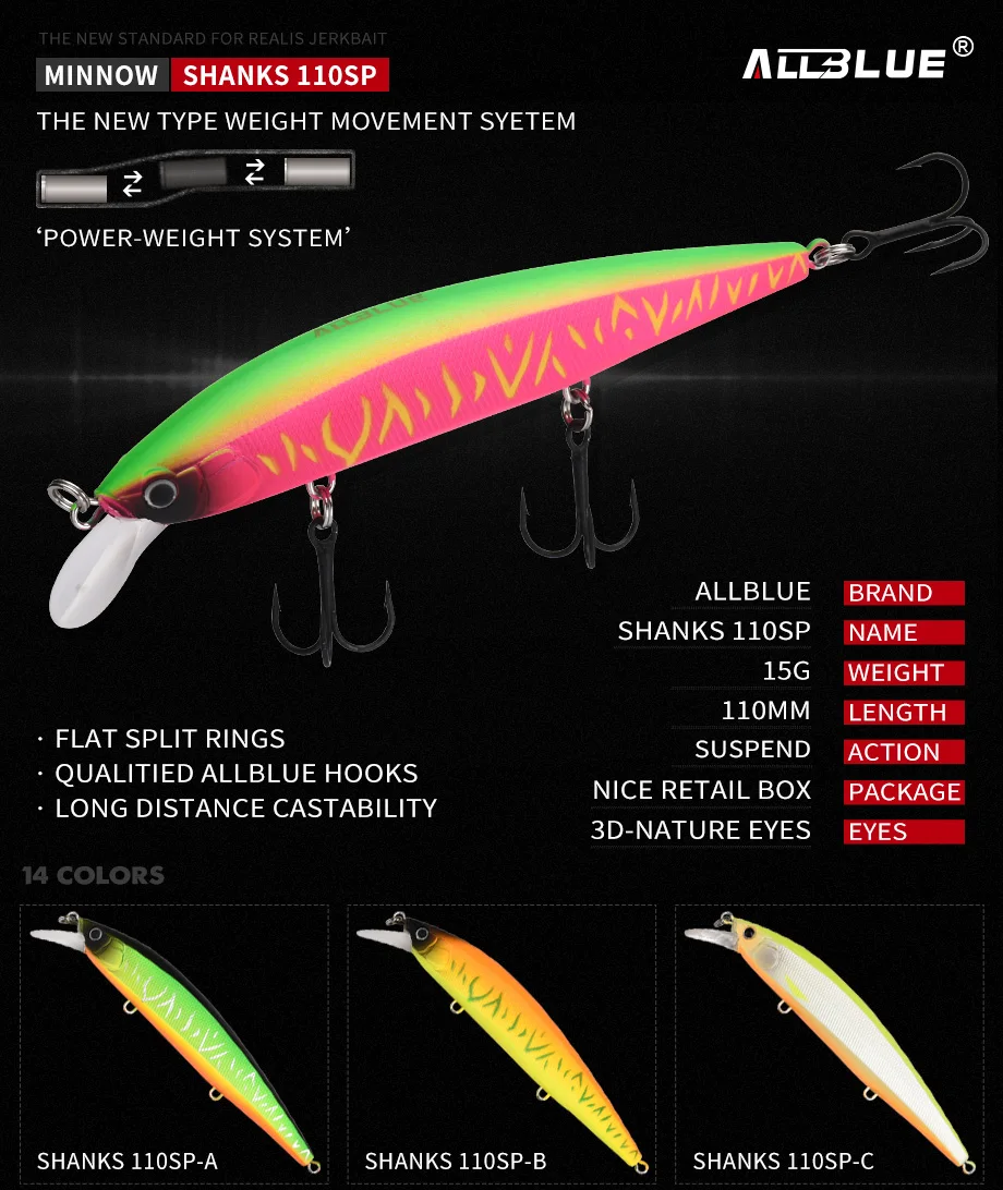 ALLBLUE SHANKS 110SP воблер подвесной Джеркбейт рыболовная приманка 110 мм 15 г пластик Гольян бас Щука искусственная жесткая приманка Снасть