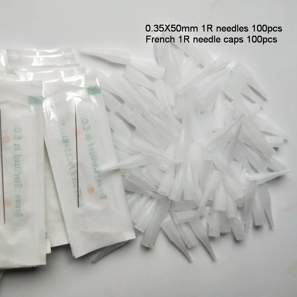 

100Pcs 0.35*50mm 1R Needles and 100Pcs Small 1R Frech/Sunshine Machine Needle Caps For Permanent Makeup Eyebrow Tattoo