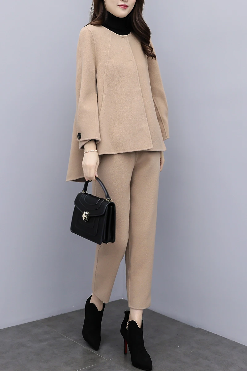 Camel Woolen Two Piece Set Women Winter Long Sleeve Tops And Pants Trousers Sets Suits Office 2 Piece Set Women's Sets Black