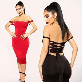 

2018 New Arrival Fashion Red Black Bandage Dress Women Off Shoulder Sexy Lace Up Backless Elegant Evening Party Dress Vestidos