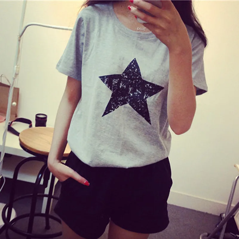 

New Women Casual Basic Summer Star T-shirt Top Shirt O-neck Tee Short Sleeve