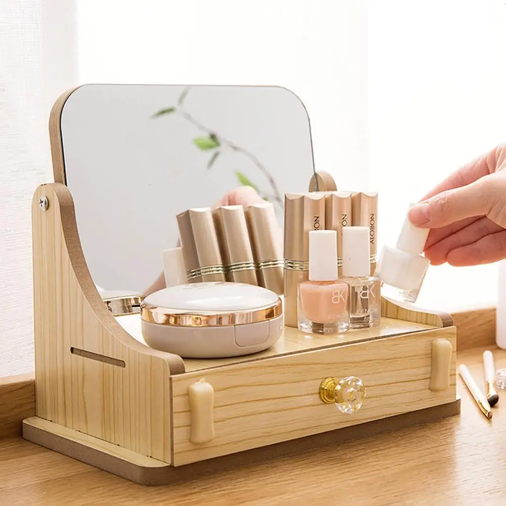 Деревянный цвет вращающийся макияж зеркало с ящиком для хранения коробка для косметики девочек Настольный органайзер зеркала макияж принцесса зеркало