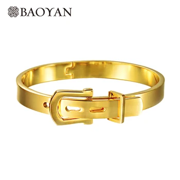 

Chic Stainless Steel Gold Color Buckle Belt Style Ajustable Size Bangle for Women Wholesale N0