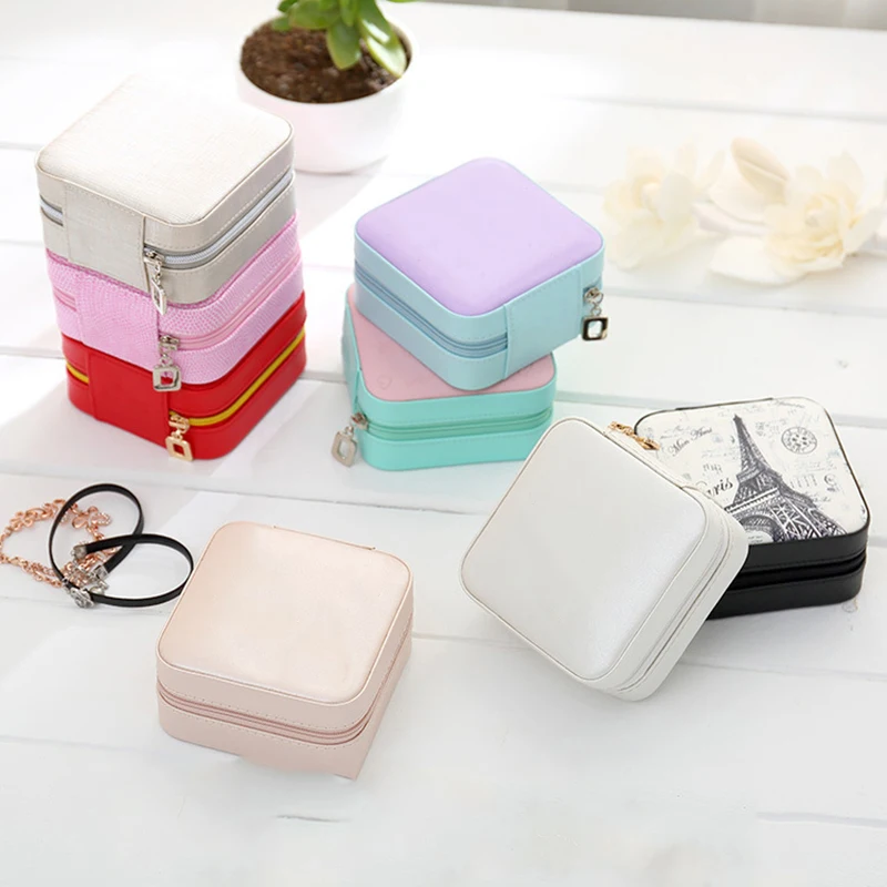 

Portable and Compact Creative Storage Jewelry Box Make Up Cosmetics Makeup Organizer Pill Box Container Solid Color PU Leather