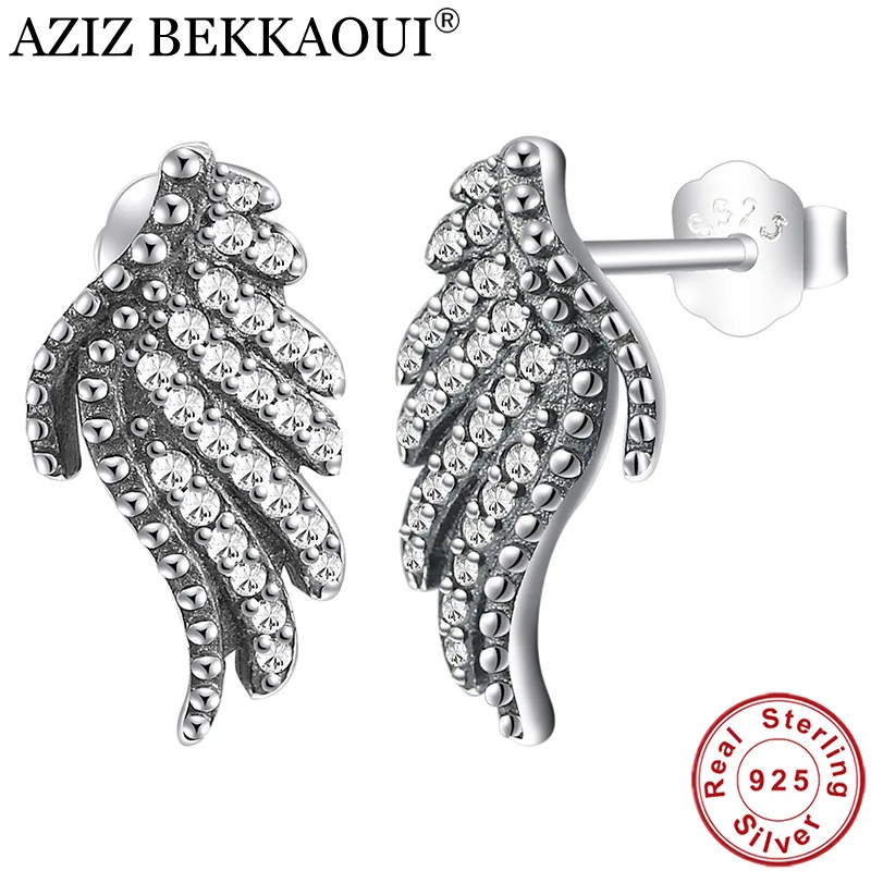 

AZIZ BEKKAOUI 925 Sterling Silver White Crystal Feathers Phoenix-Wing Stud Earrings Elegance Earrings for Women Wedding Jewelry