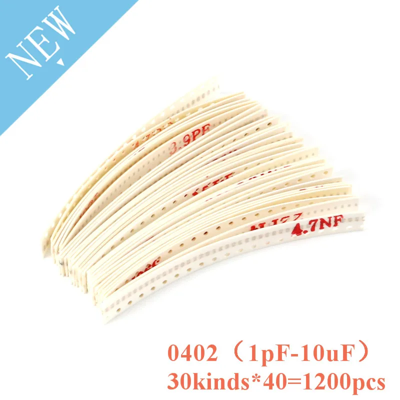 

1200pcs / lot 0402 SMD Capacitor kit 30 values*40pcs 1PF-10UF Electronic Components Package Capacitor Assorted Kit Samples Diy