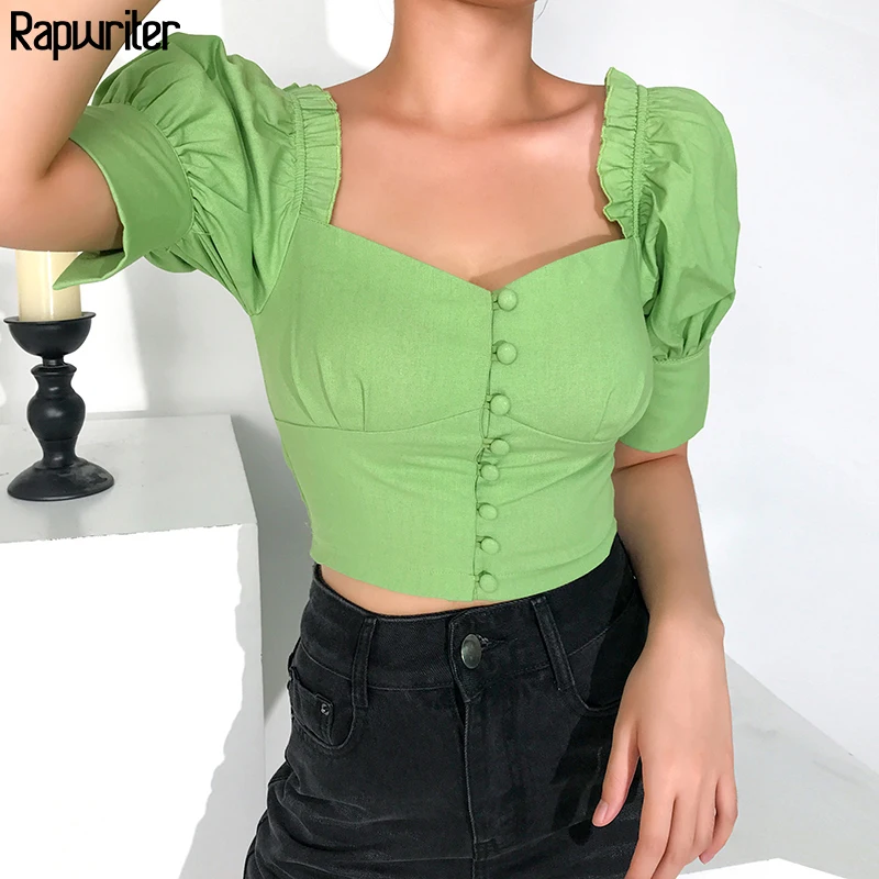 

Rapwriter Vintage Square Collar Cotton Green T-Shirt Women 2019 Summer Ruffles Single-breasted Short Sleeve Harajuku Crop Tees