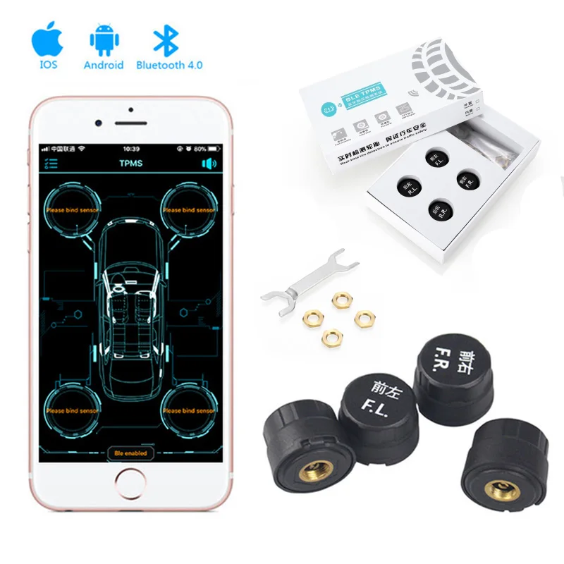 Car Tire Pressure Monitor VC601B BLE TPMS Bluetooth Low Energy System 4 External Sensors with Air Leakage Condition Alarm