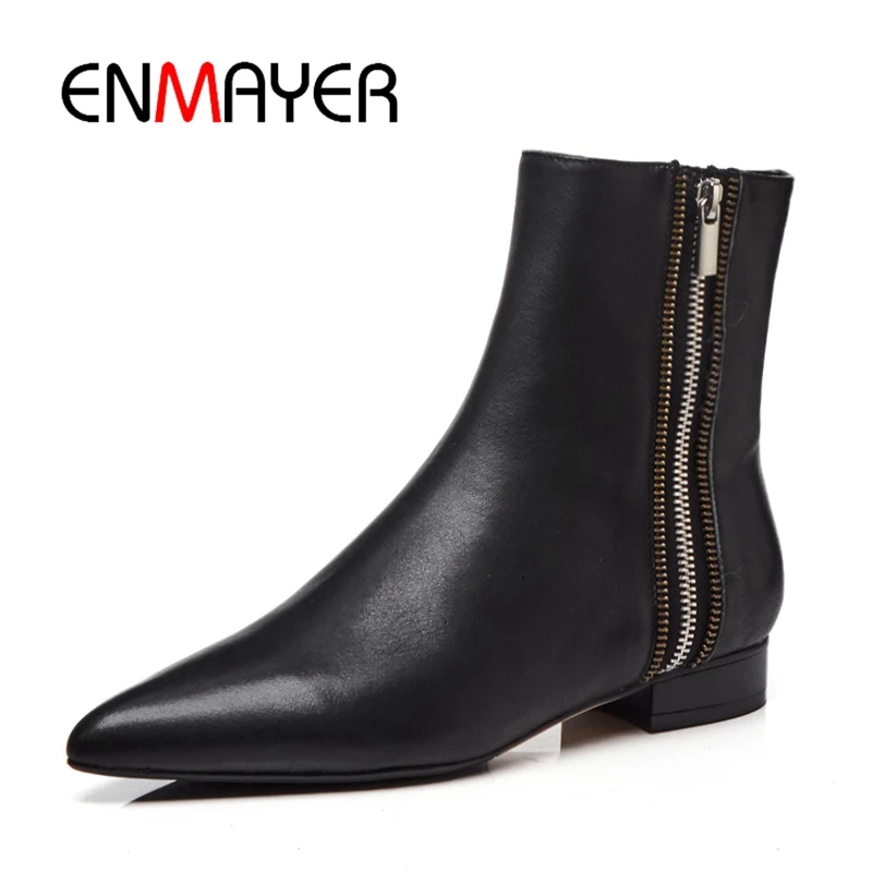 

ENMAYER Women Ankle boots Shoes Big Size 34-41 Causal Pointed Toe Thick heels Leather Women Shoes Zipper Black Low heels CR1171