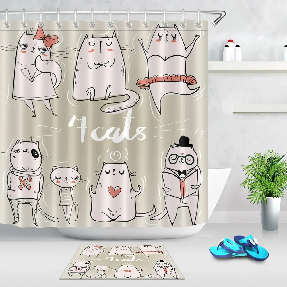 LB Cute Cartoon Kittens Shower Curtain Funny Doodle Cats