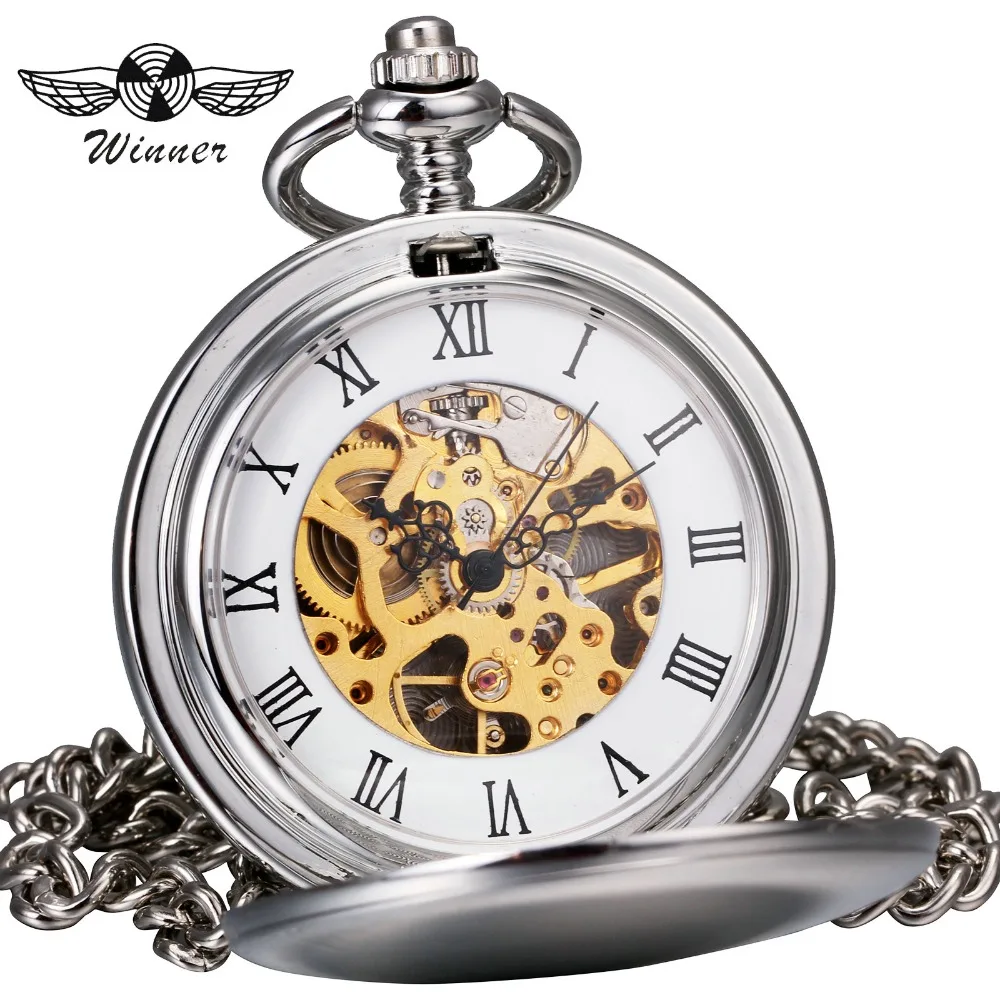 

WINNER Official Fashion Casual Men Women Watches Mechanical Pocket Watch Silver Carved Lid Pendant Chain Skeleton Dial Unisex